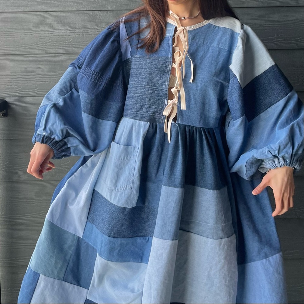 Handmade Denim Patchwork Quilted Puff Sleeves Cottage Dress SKU 04117 - Picture 7 of 16